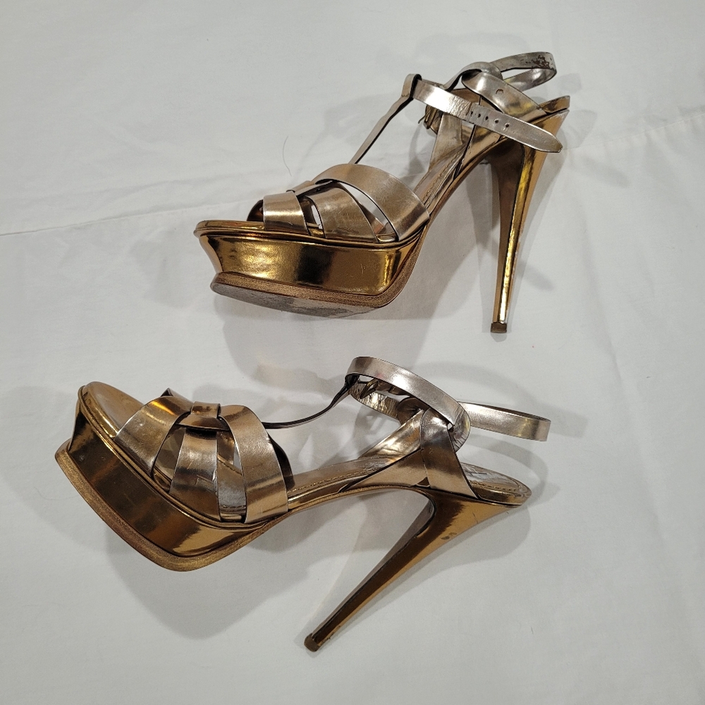 YSL SAINT LAURENT Women's Tribute Platform Sandals Metallic Leather